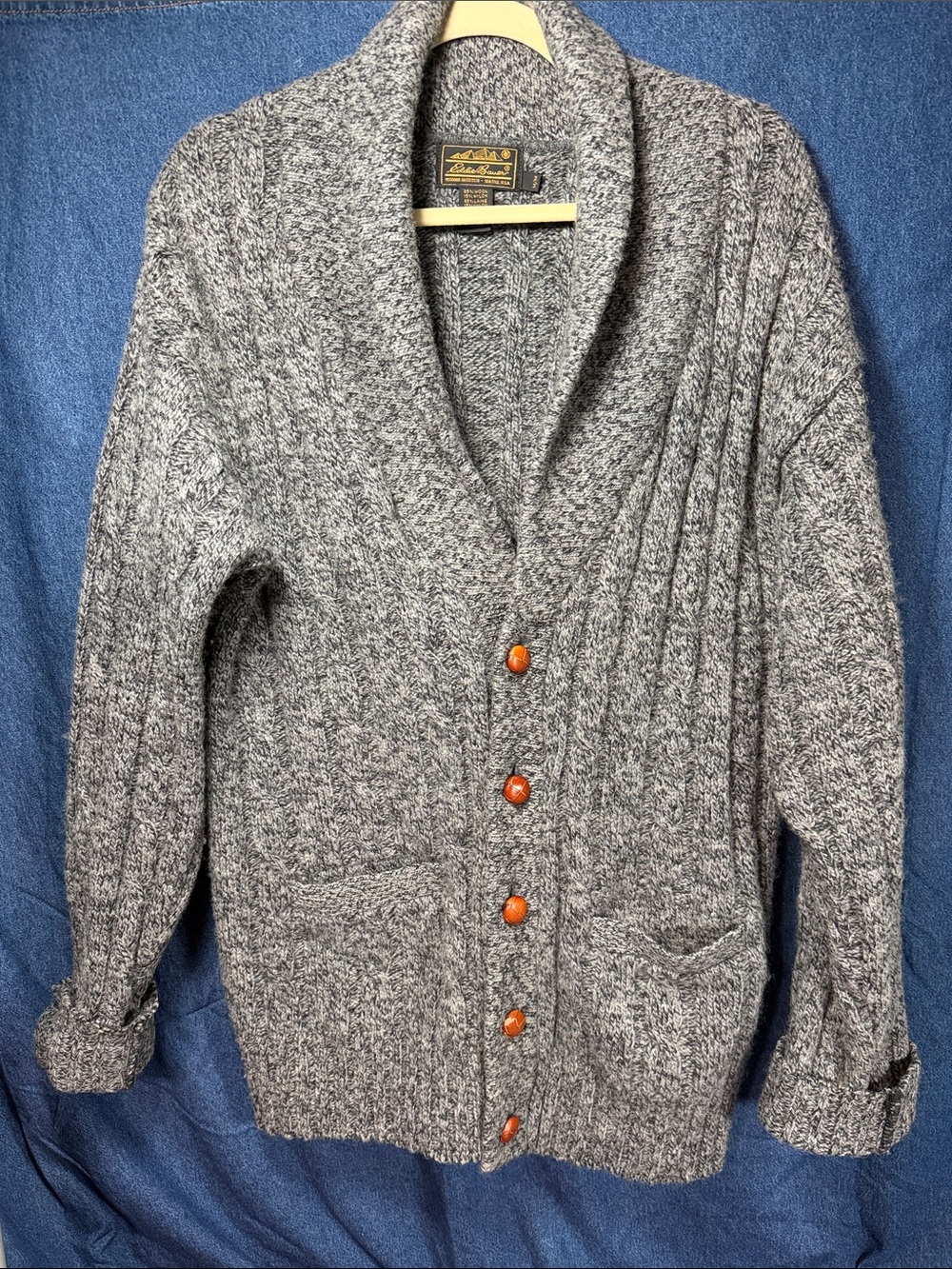 Eddie Bauer Gray Marled Shawl Collar Cardigan with Brown Buttons